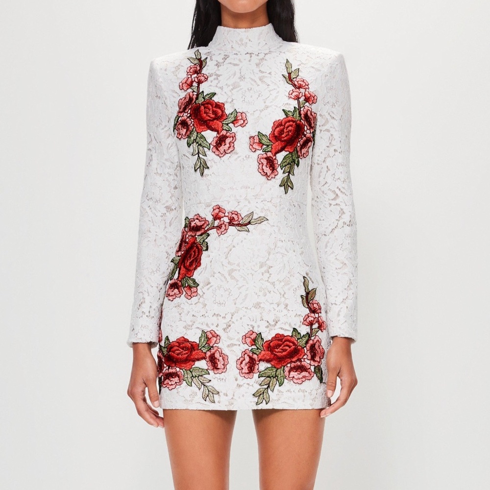 White Lace Rose High Neck Dress